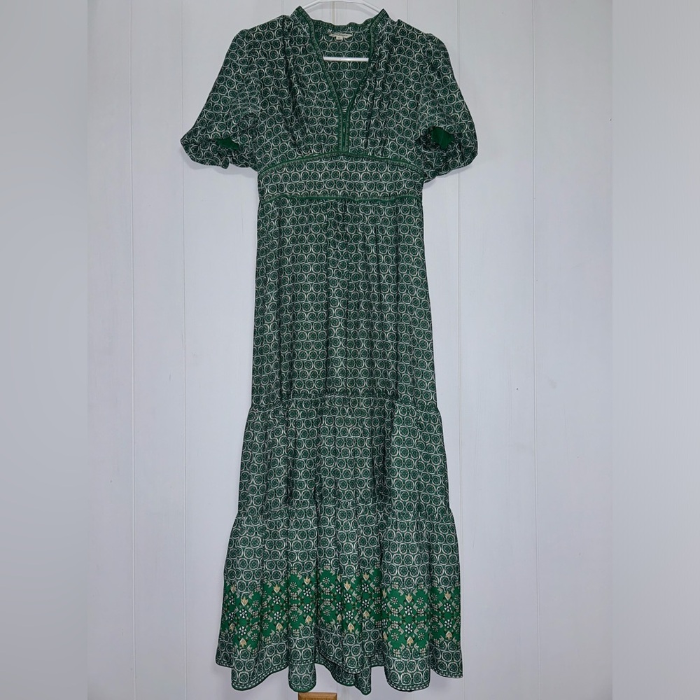 Max Studio Green Patterned Tiered Maxi Dress with Puff Sleeves, size XS